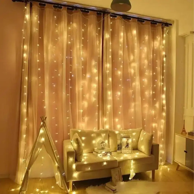 Новорічна яскрава USB гірлянда-штора 3х2м на 200 LED з 10 ниток та пультом NC-7816 Warm white