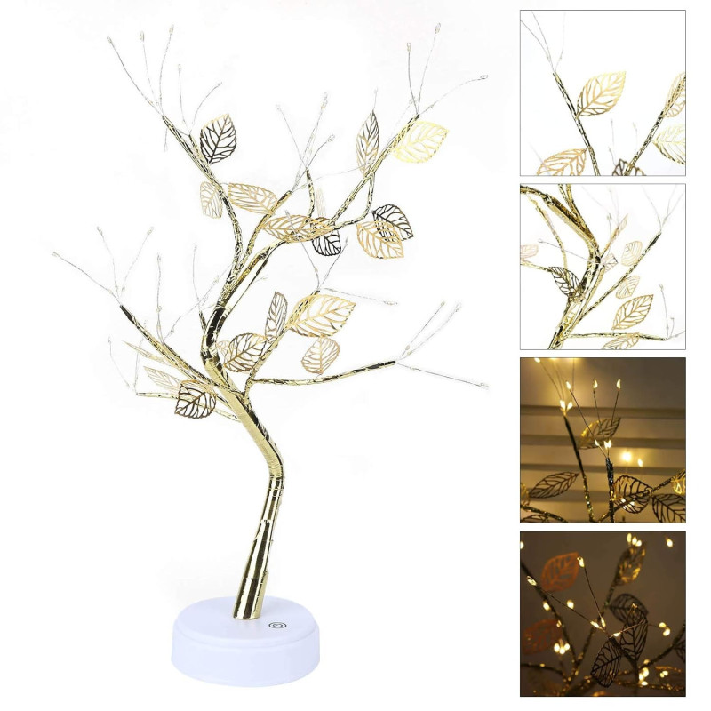 Настільна LED лампа від USB + батарейки AA 3шт «Дерево сріблясте з листям» з теплим світлом на 72 діоди NNG-08 Silver