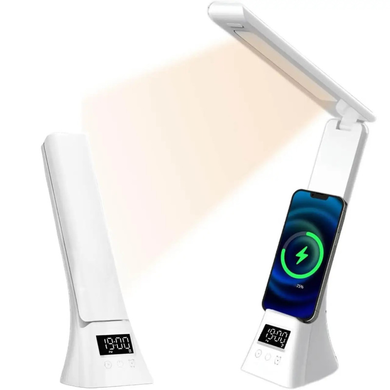Настільна LED лампа 3000-6500K з годинником та бездротовою зарядкою Modern Lamp MD-5612 White