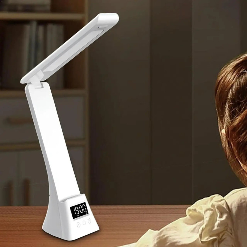 Настільна LED лампа 3000-6500K з годинником та бездротовою зарядкою Modern Lamp MD-5612 White