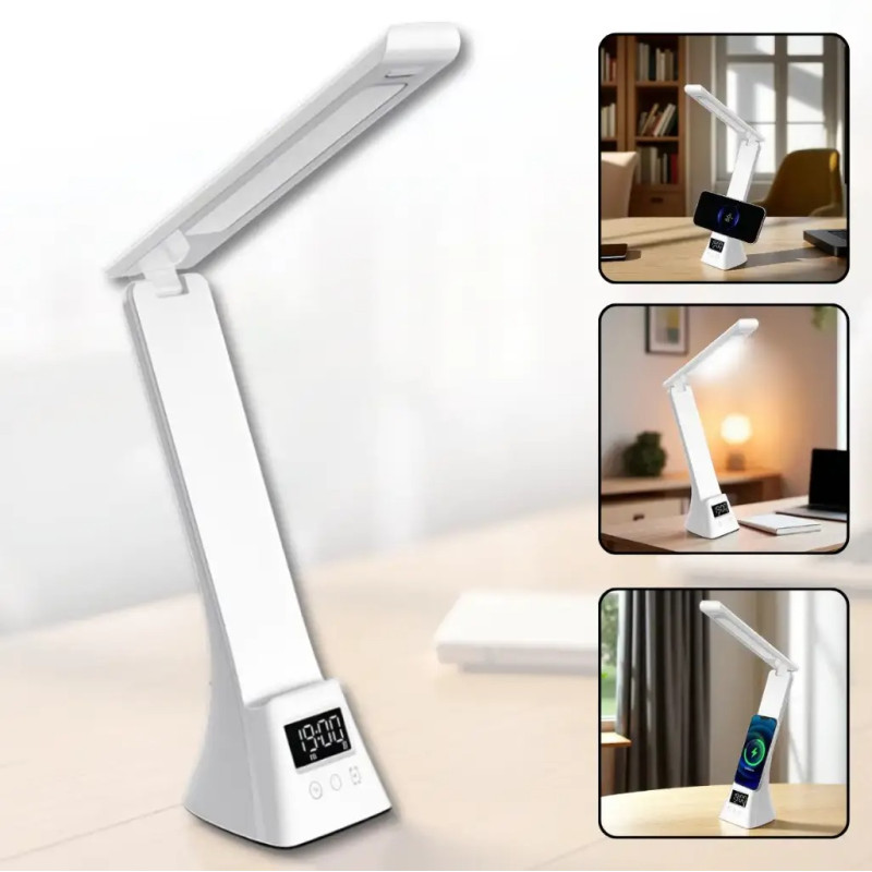 Настільна LED лампа 3000-6500K з годинником та бездротовою зарядкою Modern Lamp MD-5612 White