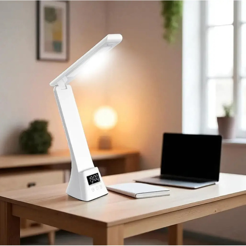 Настільна LED лампа 3000-6500K з годинником та бездротовою зарядкою Modern Lamp MD-5612 White