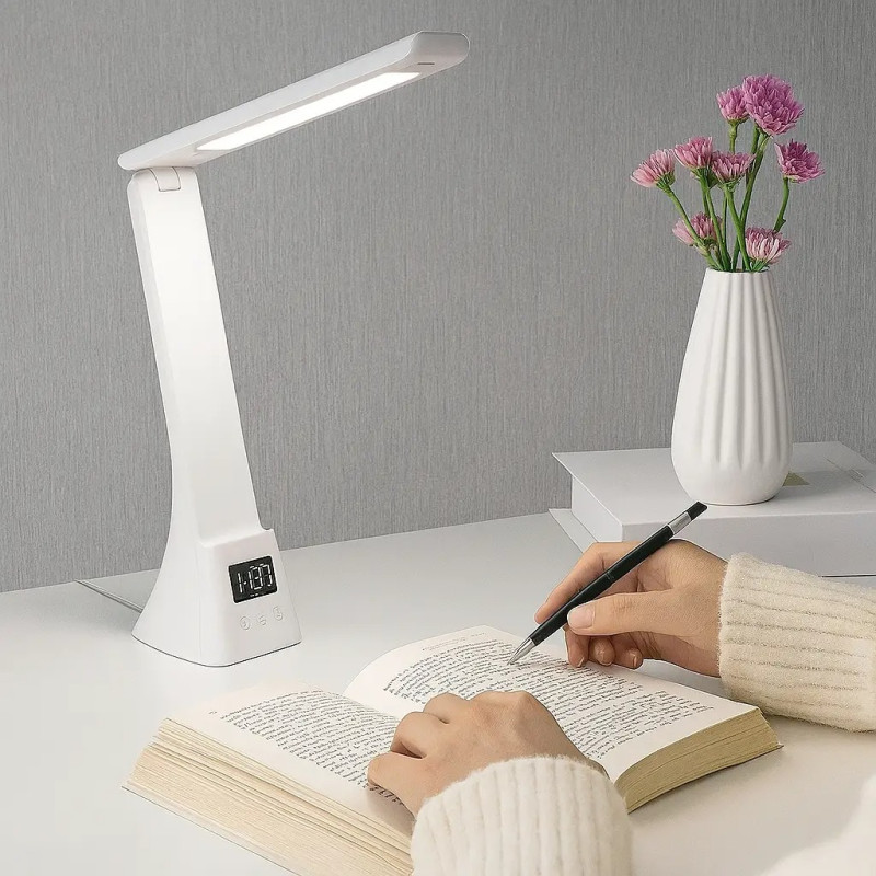 Настільна LED лампа 3000-6500K з годинником та бездротовою зарядкою Modern Lamp MD-5612 White