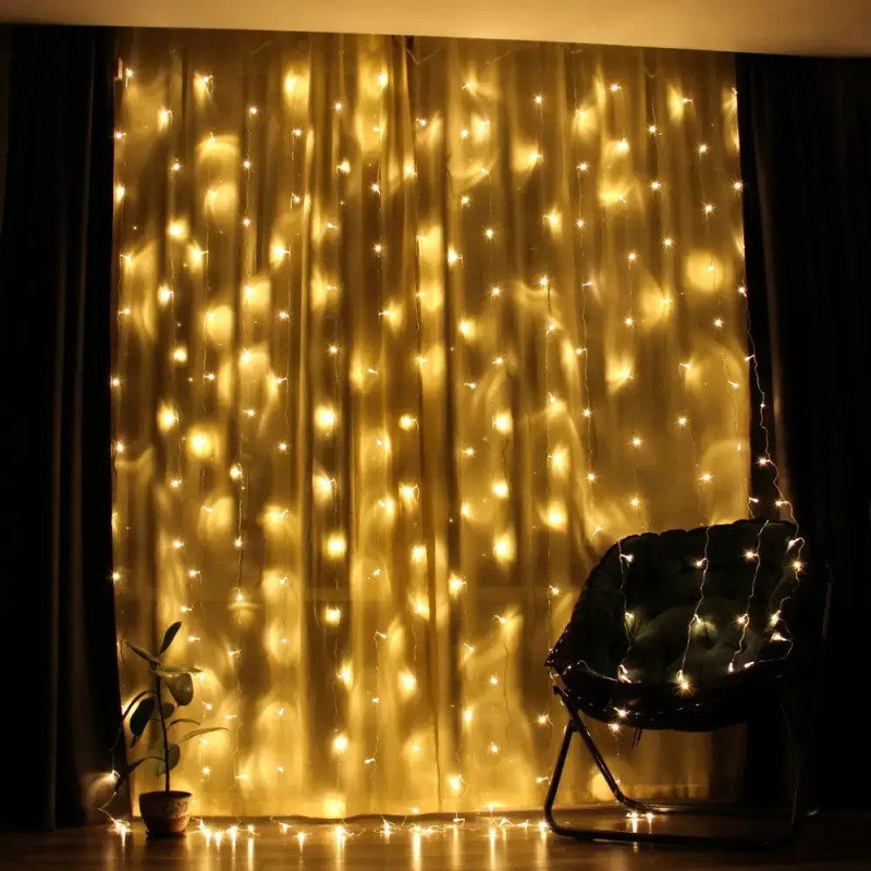 Новорічна яскрава USB гірлянда-штора 3х2м на 200 LED з 10 ниток та пультом NC-7816 Warm white