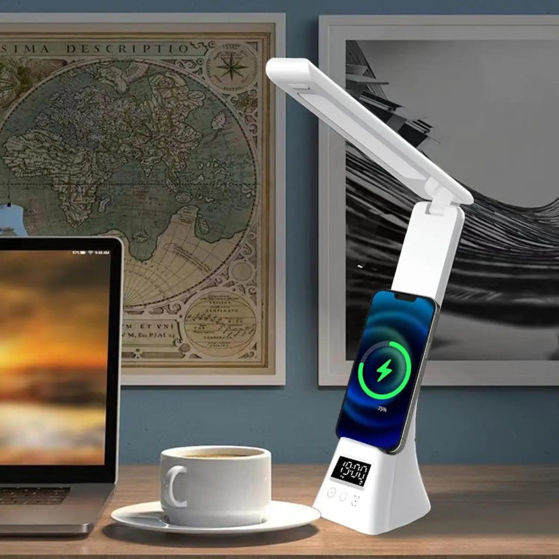 Настільна LED лампа 3000-6500K з годинником та бездротовою зарядкою Modern Lamp MD-5612 White