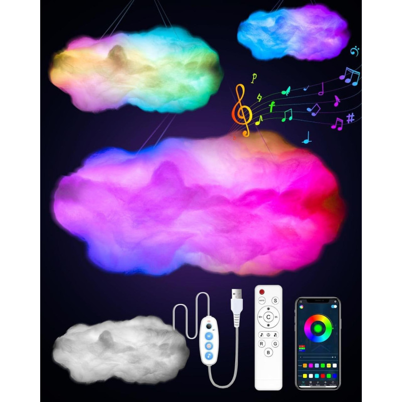 Підвісний Led світильник розумний нічник у формі хмари  MAGIC CLOUD з 3D-ефектом, пультом, керуванням через APP і музичною синхронізацією MC-7687  RGB