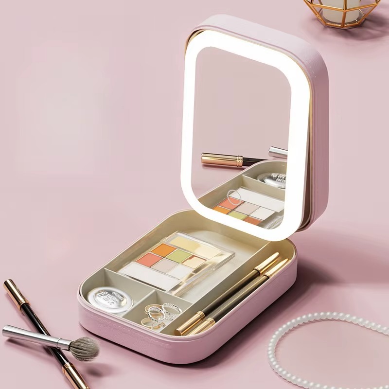 Портативний кейс-органайзер для косметики з дзеркалом на кришці та LED підсвіткою Comod-Case CC-9876 Pink