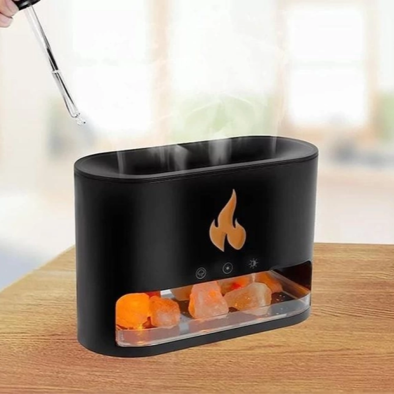 Ультразвуковий зволожувач повітря 3в1 нічник/аромадифузор/LED світильник з камінням та ефектом полум'я Black