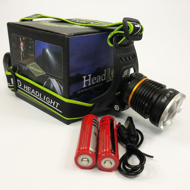 Налобний надпотужний LED ліхтар із двома акумуляторами 18650 та 3 режими роботи Bailong BL-A7-P50 Black/Green