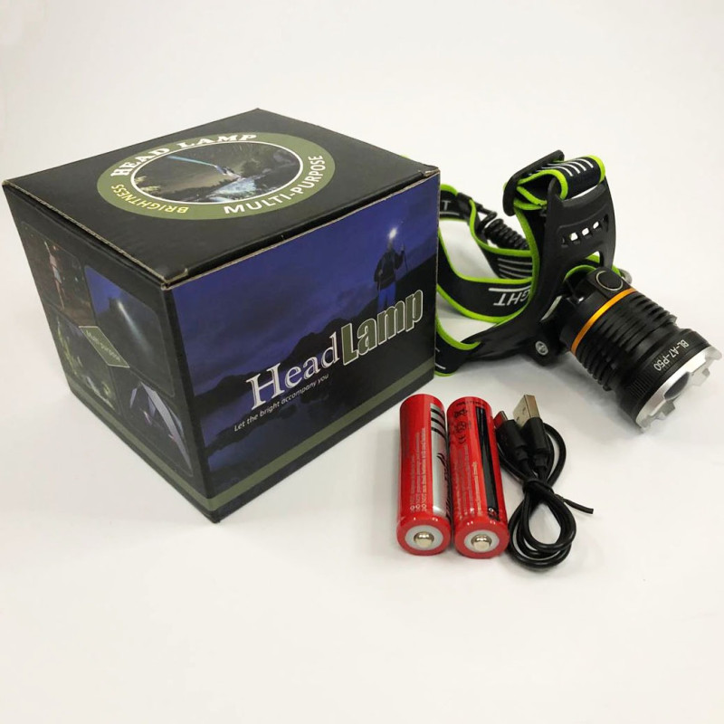 Налобний надпотужний LED ліхтар із двома акумуляторами 18650 та 3 режими роботи Bailong BL-A7-P50 Black/Green