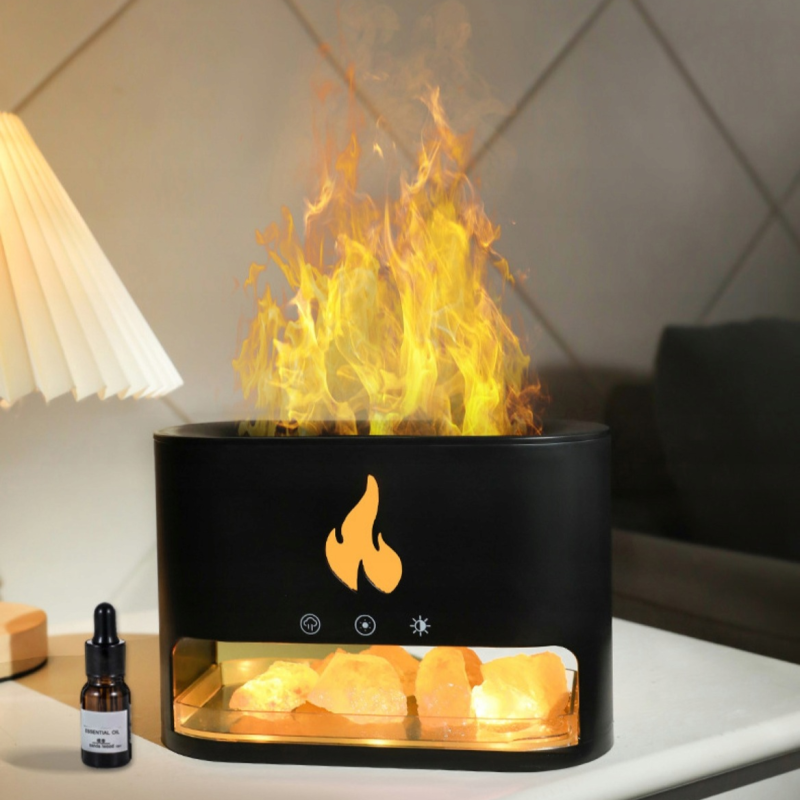 Ультразвуковий зволожувач повітря 3в1 нічник/аромадифузор/LED світильник з камінням та ефектом полум'я Black