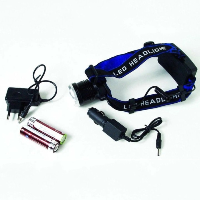 Налобний LED ліхтар алюмінієвий з двома акумуляторами 18650 та 3 режими роботи дальність 500м 10Вт Bailong BL-T24-P50 Black/Blue