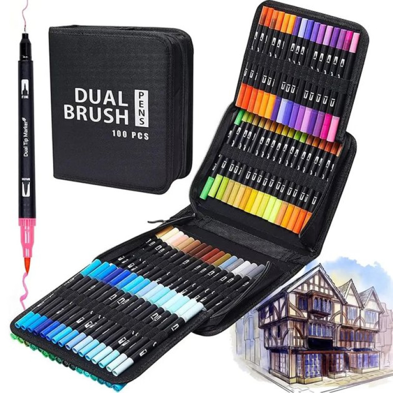 Набір двосторонніх акварельних маркерів 100 штук Dual Brush для малювання скетчінгу, письма та творчості