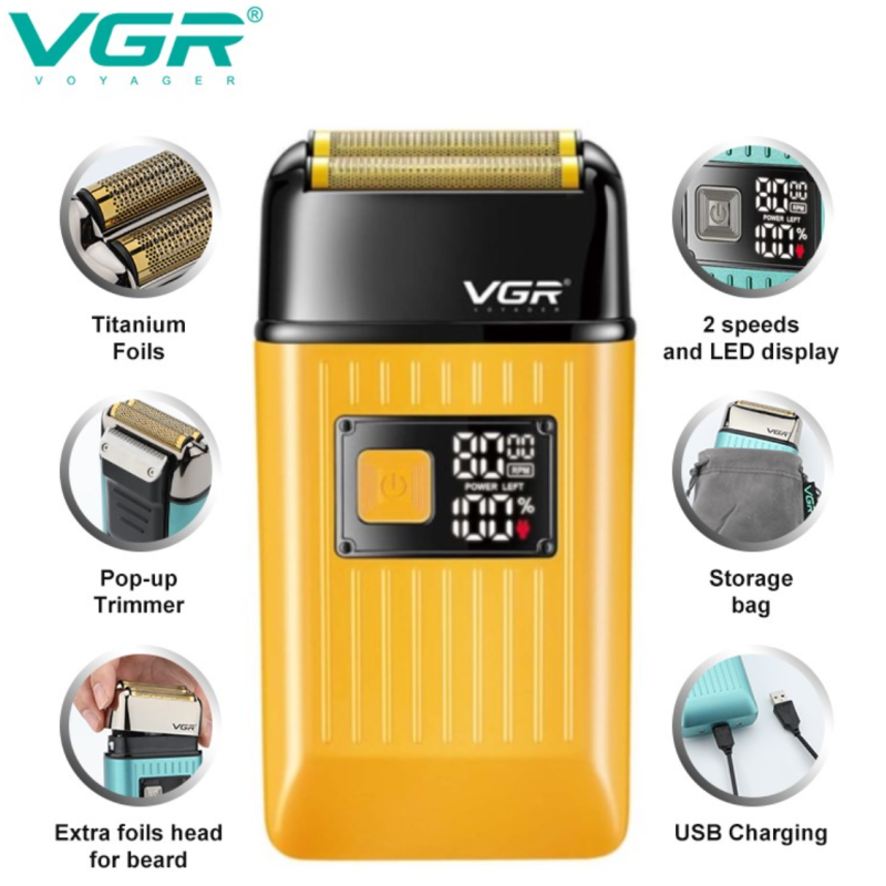 Акумуляторна електробритва для гоління шейвер для чоловіків з подвійне лезо, 2 насадки VGR (V-357 Orange)