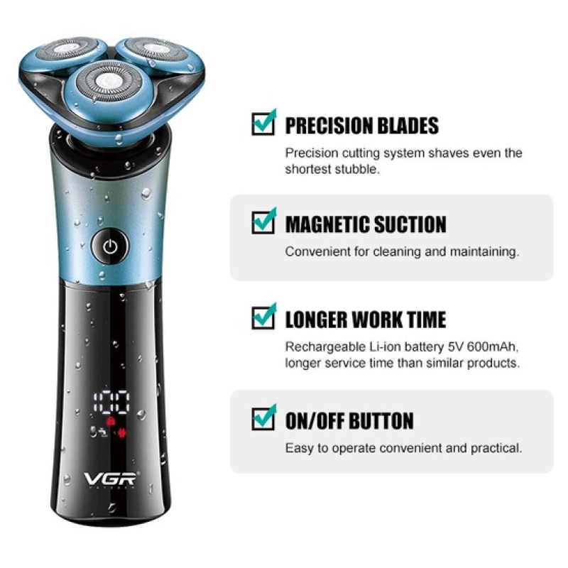 Електробритва роторна з 3 плаваючими головками водонепроникна бритва з дисплеєм для вологого та сухого гоління VGR V-326 5Вт IPX6 Black/Blue Електробритва роторна з 3 плаваючими головками водонепроникна бритва з дисплеєм для вологого та сухого гоління VGR V-326 5Вт IPX6 Black/Blue