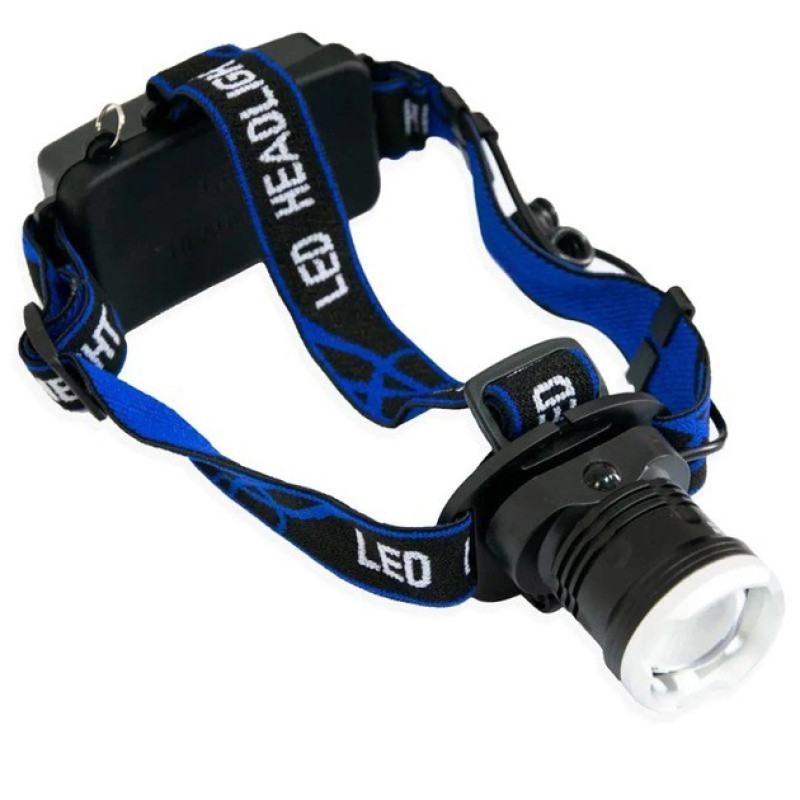 Налобний LED ліхтар алюмінієвий з двома акумуляторами 18650 та 3 режими роботи дальність 500м 10Вт Bailong BL-T24-P50 Black/Blue