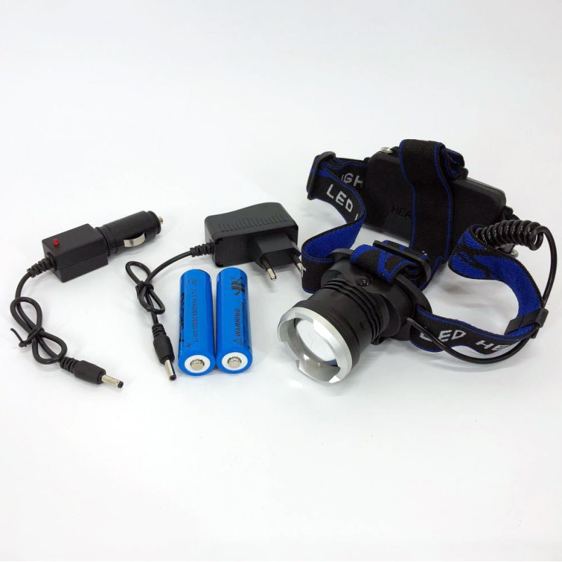 Налобний LED ліхтар алюмінієвий з двома акумуляторами 18650 та 3 режими роботи дальність 500м 10Вт Bailong BL-T24-P50 Black/Blue