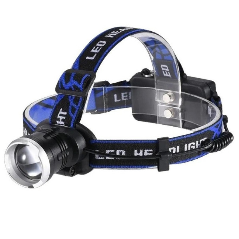 Налобний LED ліхтар алюмінієвий з двома акумуляторами 18650 та 3 режими роботи дальність 500м 10Вт Bailong BL-T24-P50 Black/Blue