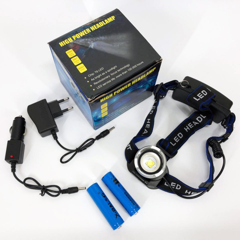 Налобний LED ліхтар алюмінієвий з двома акумуляторами 18650 та 3 режими роботи дальність 500м 10Вт Bailong BL-T24-P50 Black/Blue