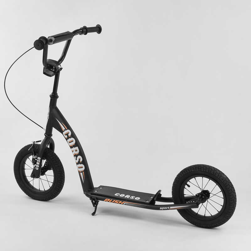 Самокат міський двоколісний з великими надувними колесами 12" для дітей від 3 років Corso CR-T 7171 Чорний/Помаранчевий