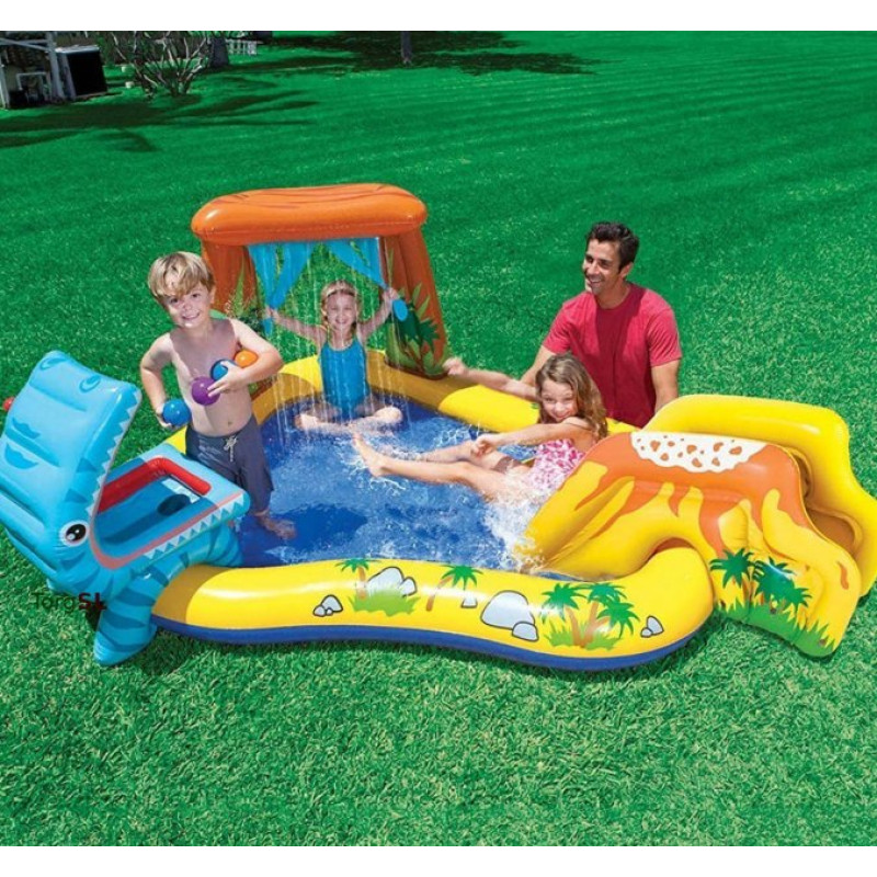 Надувний ігровий центр басейн дитячий від 3 років Intex 57444 Динозаври 249х191х109см з гіркою, душем, фонтанчиком та 6 кульками Різнокольоровий