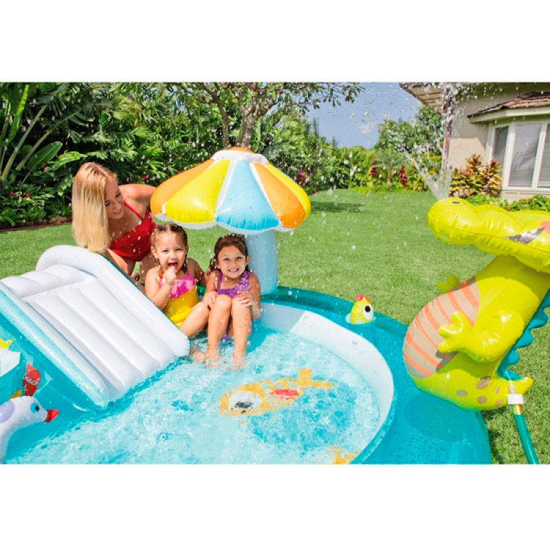 Надувний ігровий центр басейн дитячий від 2 років Intex 57165 Алігатор 201х170х84см 160л з гіркою та фонтаном Блакитний