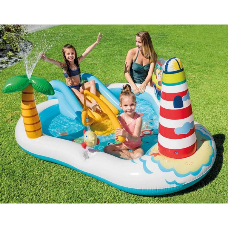 Надувний ігровий центр басейн дитячий від 3 років Intex 57162 "Весела рибалка" 218x188x99см з надувною вудкою та гіркою 2 рибки Різнокольоровий