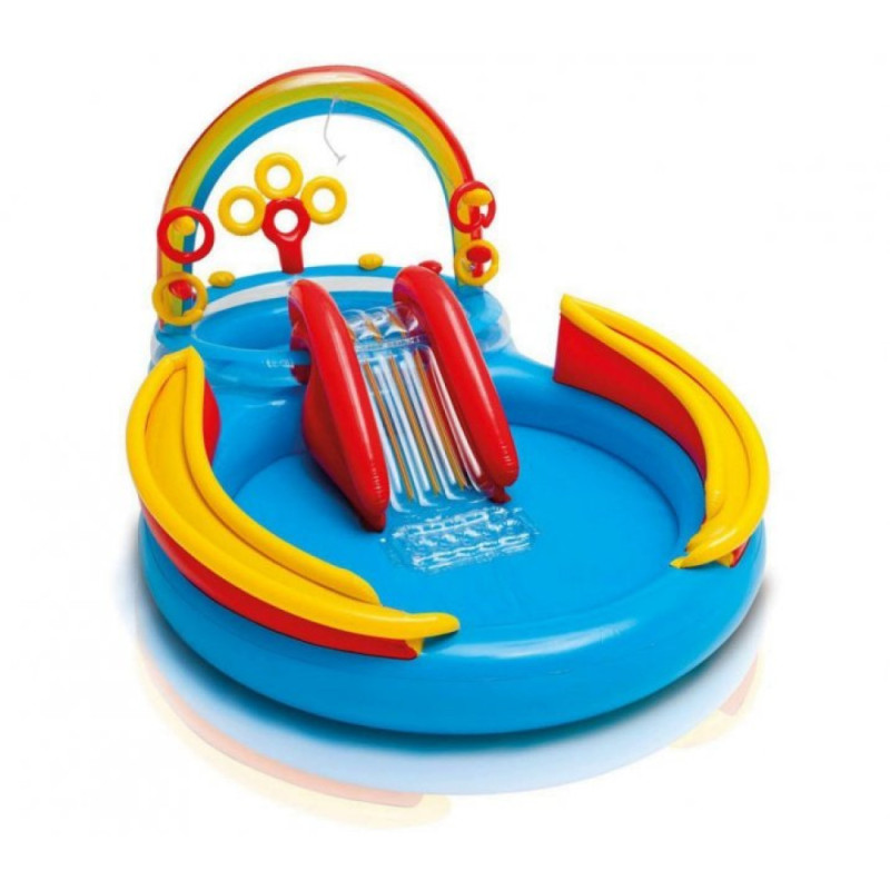 Надувний ігровий центр басейн дитячий від 3 років Intex 57453 Веселка 297х193х135см з фонтаном та 16 кульками Різнокольоровий