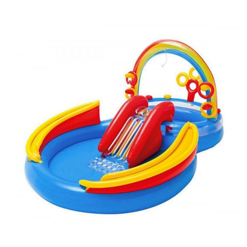 Надувний ігровий центр басейн дитячий від 3 років Intex 57453 Веселка 297х193х135см з фонтаном та 16 кульками Різнокольоровий