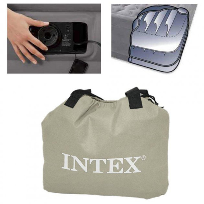 Матрац двомісний преміум-класу ПВХ з велюровим покриттям надувне ліжко з електронасосом 220V Intex 67770 Comfort Plush 152х203х33см Сірий