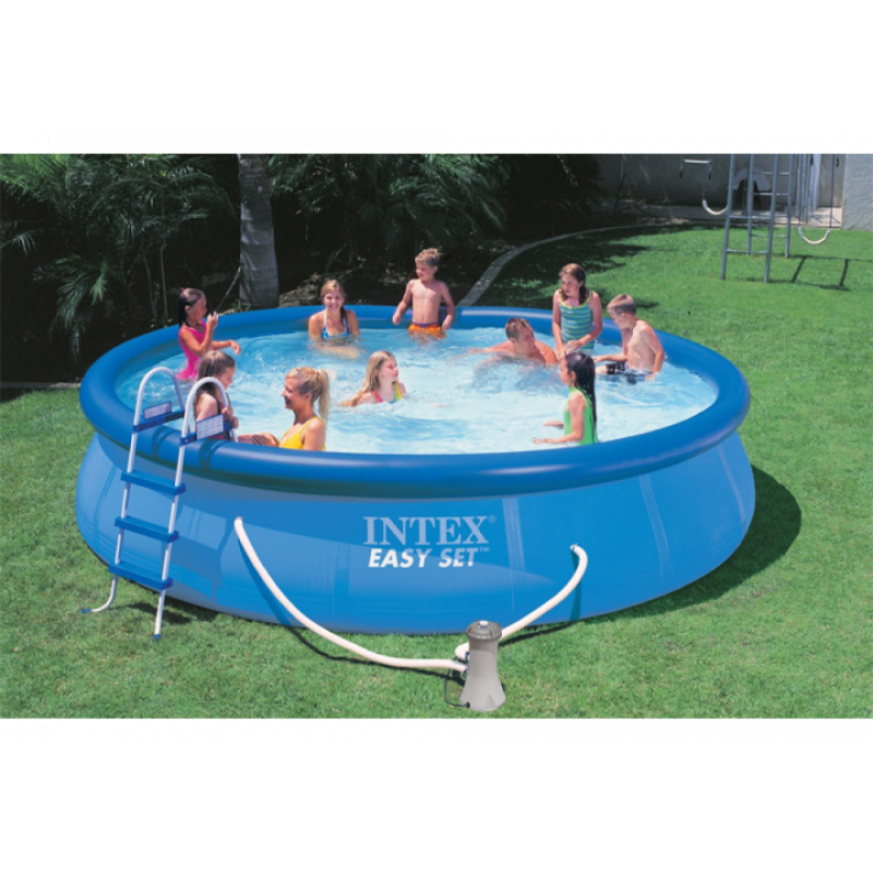 Надувний басейн наливний сімейний Intex 26168 457х122см 14141л з фільтром-насосом, сходами, тентом та підстилкою Синій