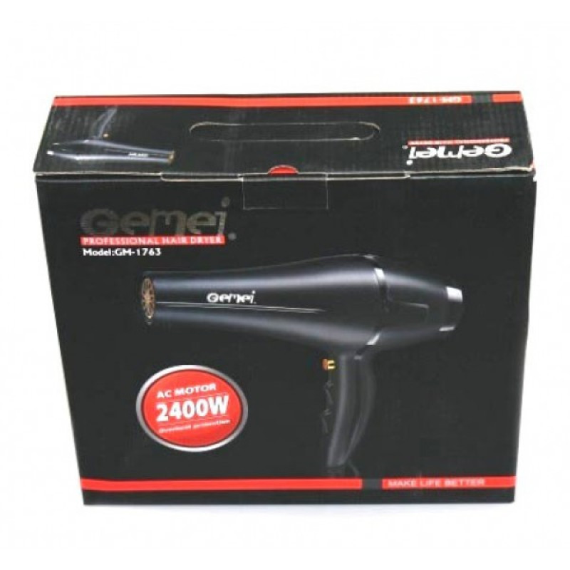 Фен для волосся з функцією іонізації, потужним мотором та 3 режимами Gemei GM-1763 2400Вт Чорний