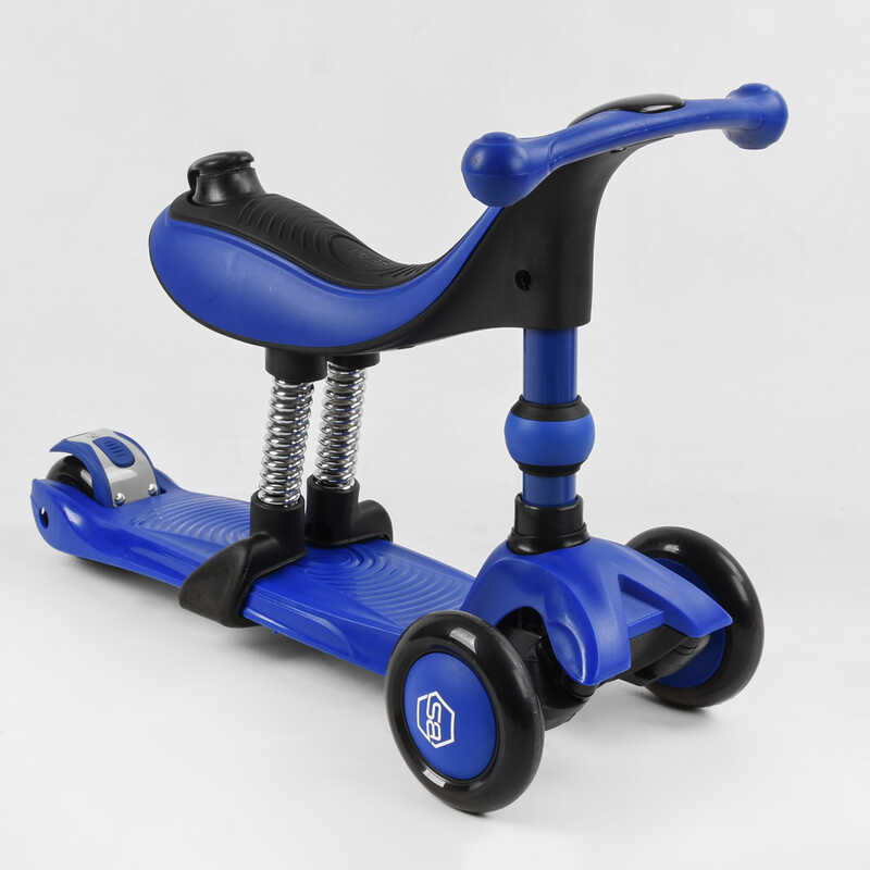 Дитячий самокат-біговів триколісний PU зі світлом, сидінням та амортизаторами 3в1 Best Scooter BS-27018 з батьківською ручкою Синій