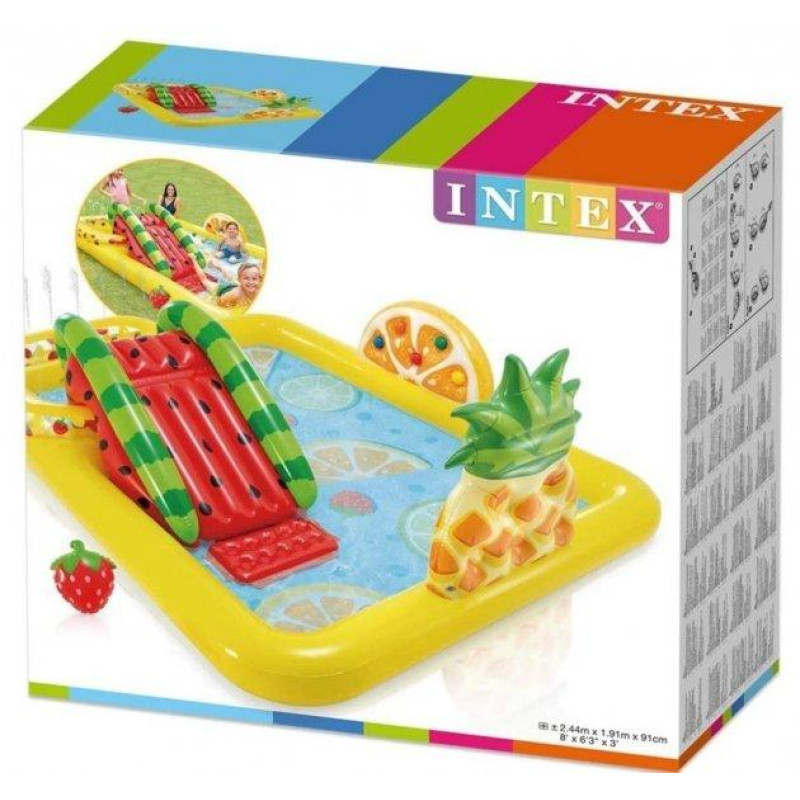 Надувний ігровий центр басейн дитячий від 2 років Intex 57158 Веселий фрукт 244x191x91см з гіркою та фонтанчиком Різнокольоровий