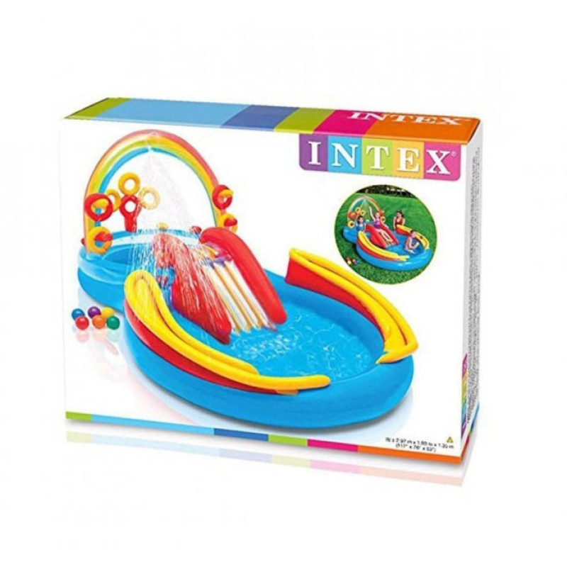Надувний ігровий центр басейн дитячий від 3 років Intex 57453 Веселка 297х193х135см з фонтаном та 16 кульками Різнокольоровий
