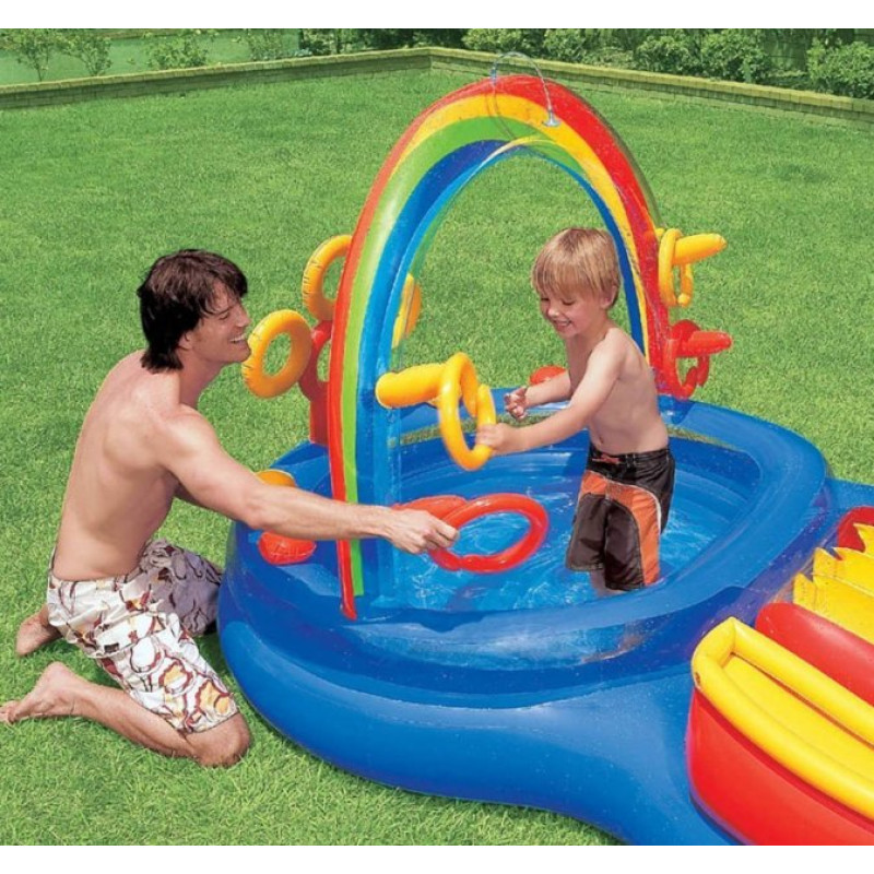 Надувний ігровий центр басейн дитячий від 3 років Intex 57453 Веселка 297х193х135см з фонтаном та 16 кульками Різнокольоровий