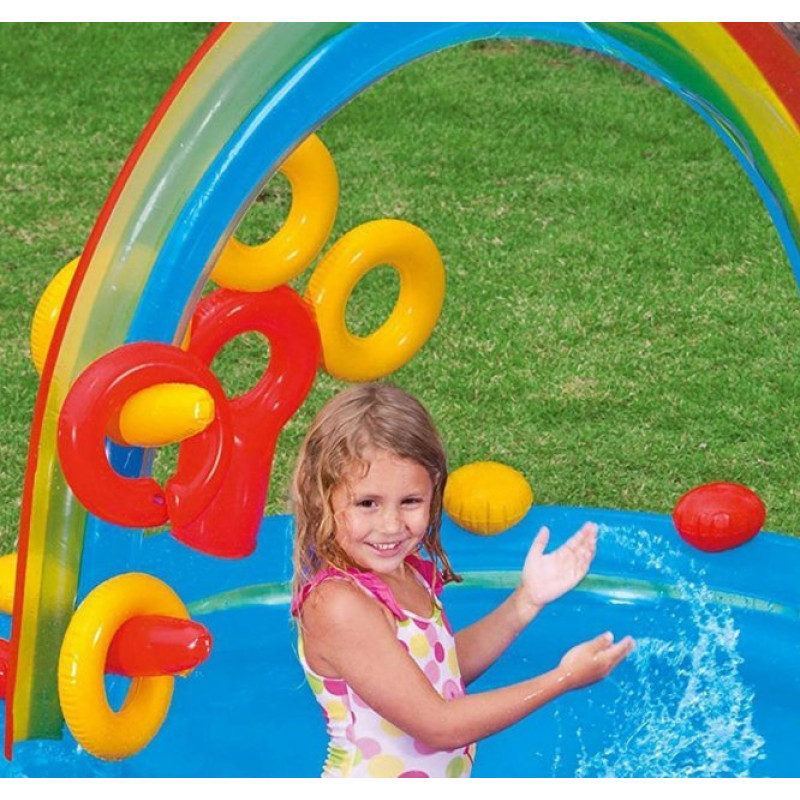 Надувний ігровий центр басейн дитячий від 3 років Intex 57453 Веселка 297х193х135см з фонтаном та 16 кульками Різнокольоровий