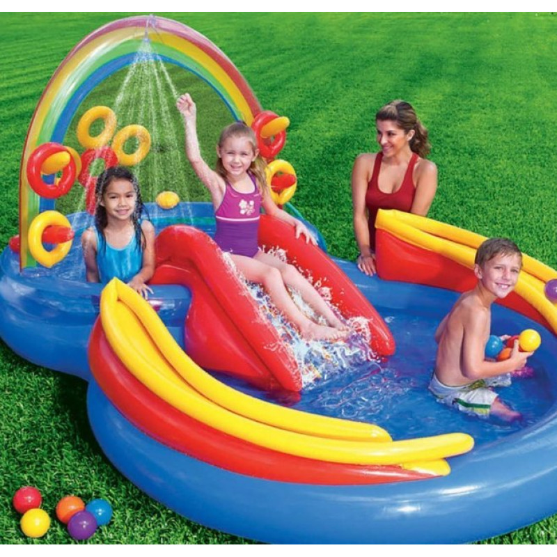 Надувний ігровий центр басейн дитячий від 3 років Intex 57453 Веселка 297х193х135см з фонтаном та 16 кульками Різнокольоровий