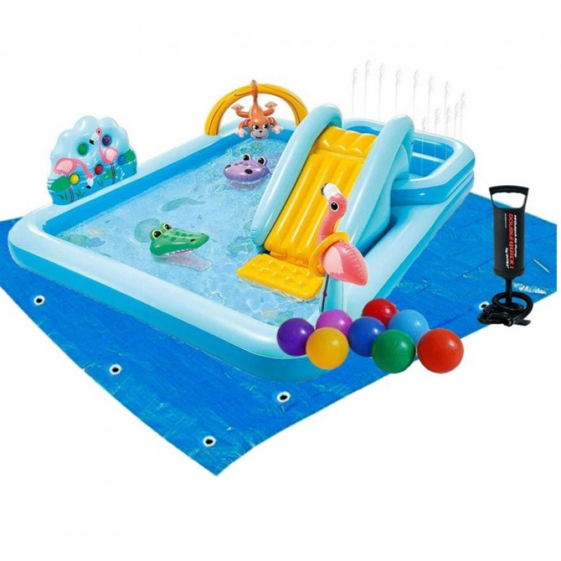 Надувной игровой центр бассейн детский от 3 лет Intex 57161 Приключения в джунглях 257х216х84см с горкой, фонтаном и надувными игрушками Синий