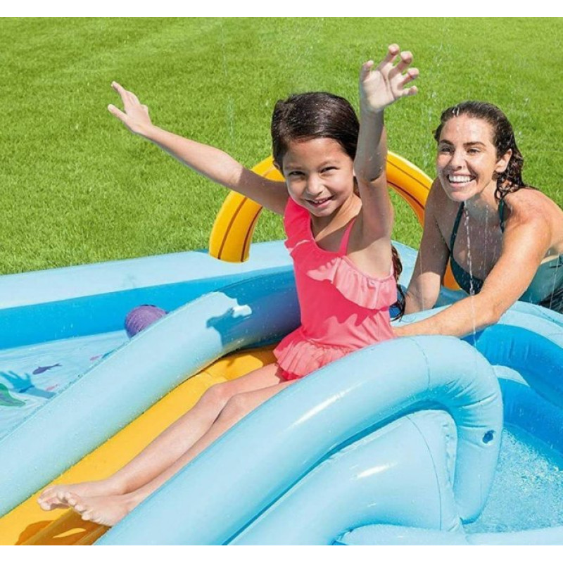 Надувной игровой центр бассейн детский от 3 лет Intex 57161 Приключения в джунглях 257х216х84см с горкой, фонтаном и надувными игрушками Синий