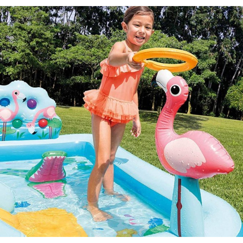 Надувной игровой центр бассейн детский от 3 лет Intex 57161 Приключения в джунглях 257х216х84см с горкой, фонтаном и надувными игрушками Синий