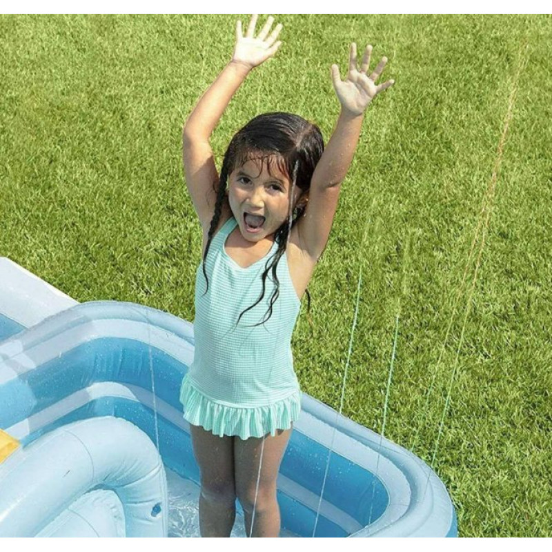 Надувной игровой центр бассейн детский от 3 лет Intex 57161 Приключения в джунглях 257х216х84см с горкой, фонтаном и надувными игрушками Синий