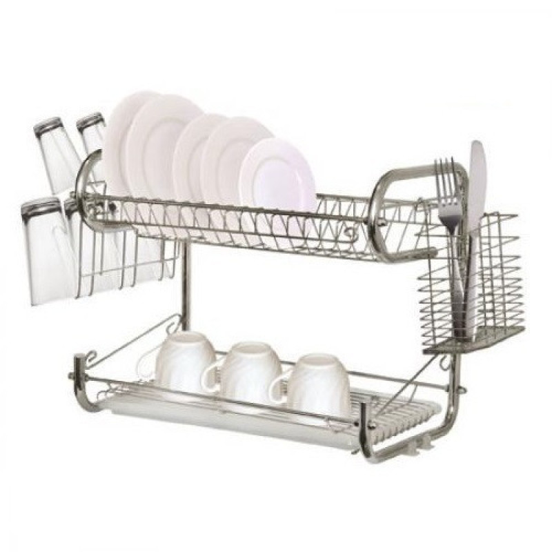 Настільна сушка для посуду Stenson MH-0067 Julliana сушарка для тарілок та склянок з піддоном 2 рівня 65×25×36см Сріблястий