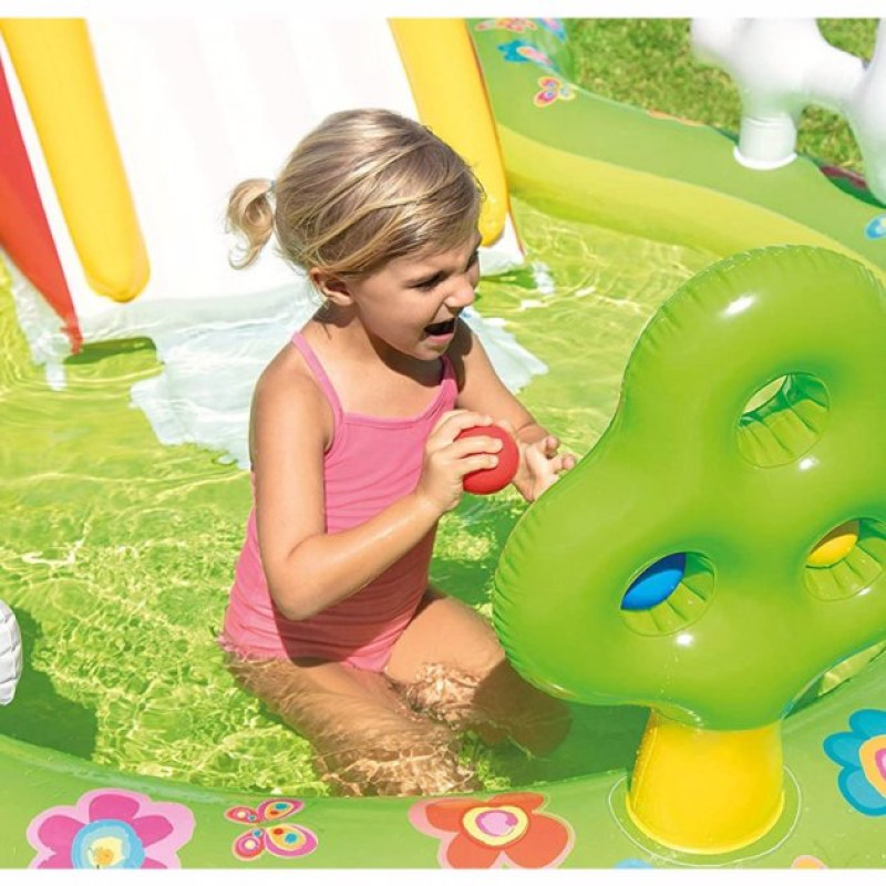 Надувний ігровий центр басейн дитячий від 2 років Intex 57154 Мій сад 290х180х104см 450л з гіркою, фонтаном та надувними іграшками Різнокольоровий