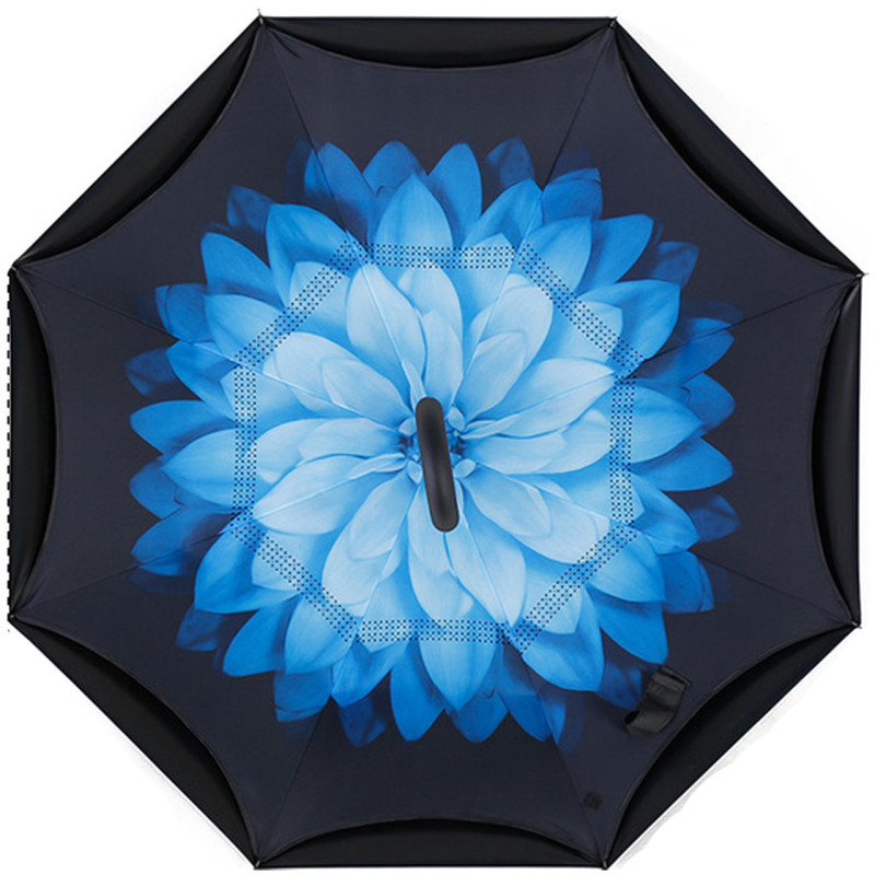 Парасолька двостороння вітрозахисна зворотна будова Lesko Up-Brella Синя Квітка Black/Blue