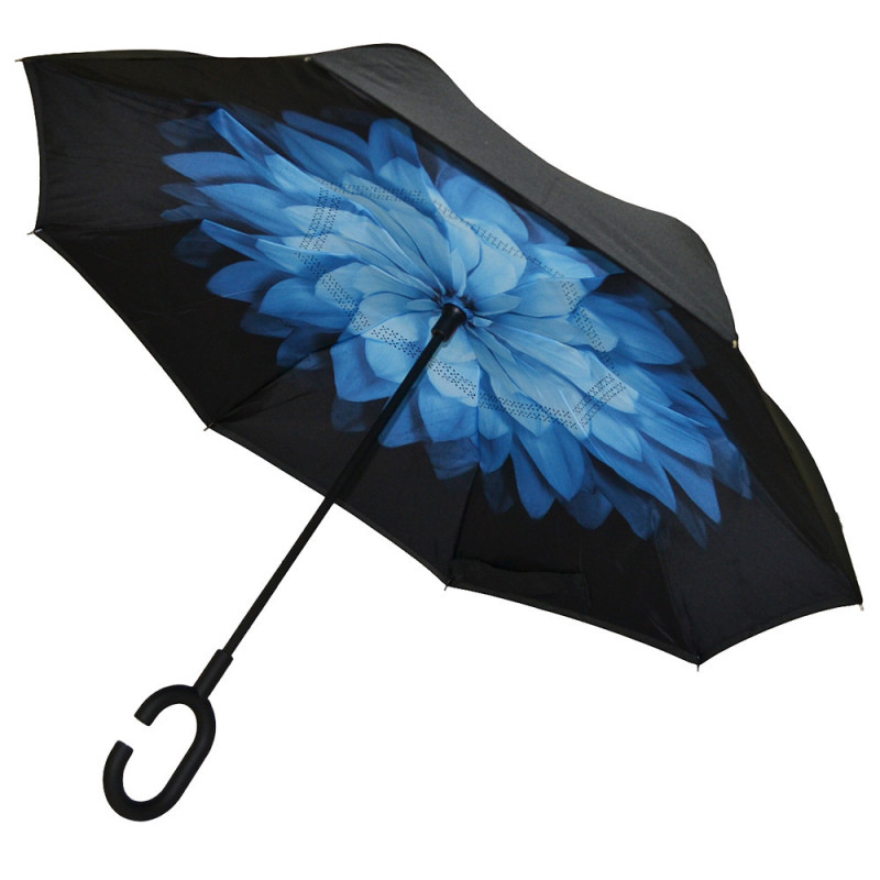 Парасолька двостороння вітрозахисна зворотна будова Lesko Up-Brella Синя Квітка Black/Blue