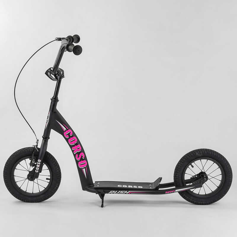 Самокат міський двоколісний з великими надувними колесами 12" для дітей від 3 років Corso CR-T 9490 Чорний/Рожевий