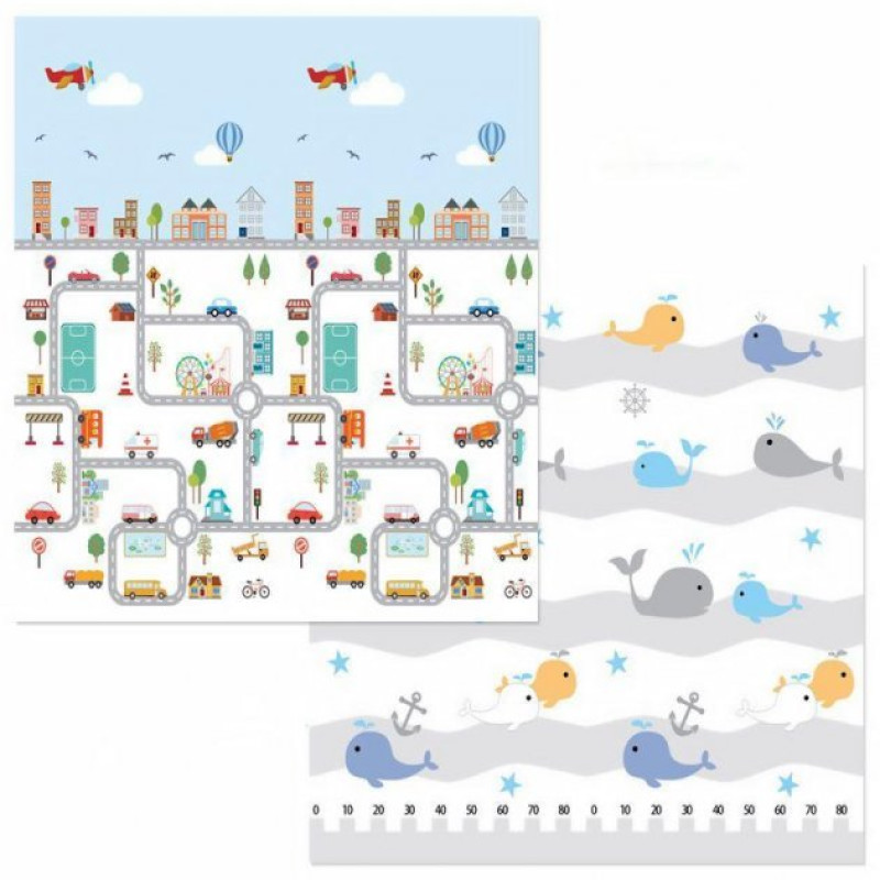 Двосторонній дитячий ігровий килимок Play Mat "Місто-океан" / Складаний розвиваючий термо-килимок для повзання