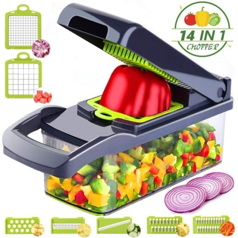 Багатофункціональна ручна овочерізка-подрібнювач Veggie Slicer 14в1 з насадками та контейнером, ситечко для яєць та ніж-економка для очищення овочів Сіро-зелений