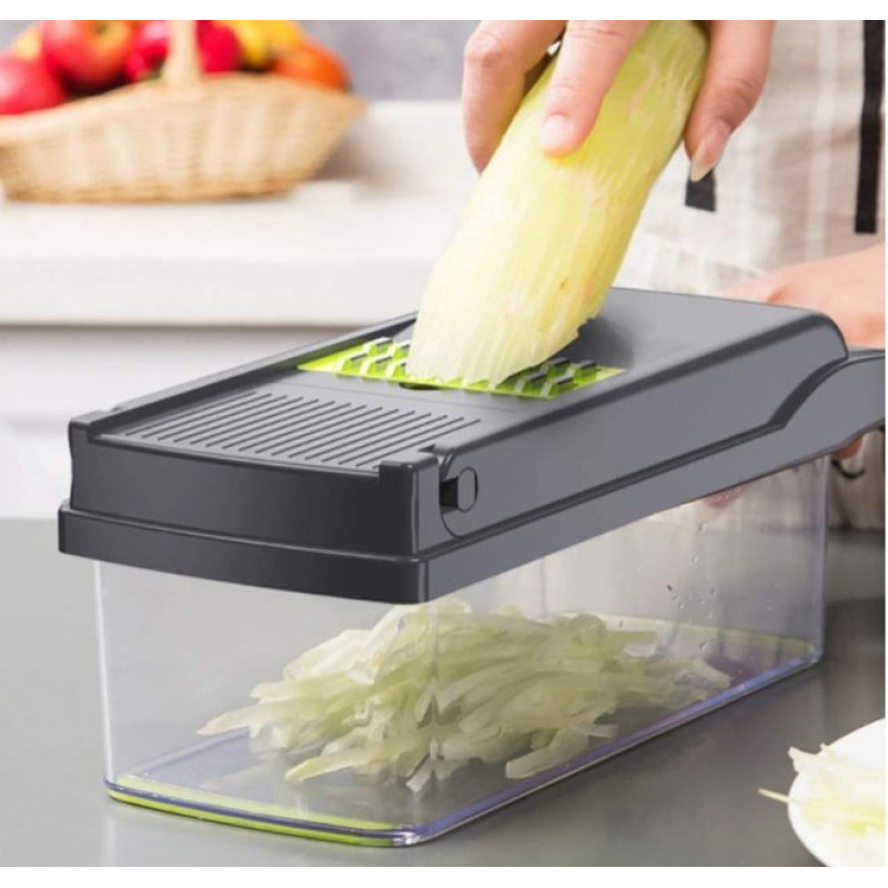 Багатофункціональна ручна овочерізка-подрібнювач Veggie Slicer 14в1 з насадками та контейнером, ситечко для яєць та ніж-економка для очищення овочів Сіро-зелений